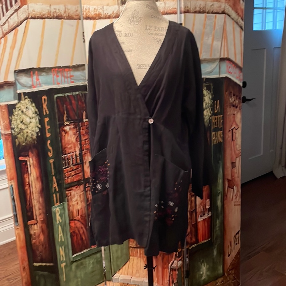 Gudrun Sjoden Kimono Linen Jacket, Black/Floral Embroidery, Size Medium
